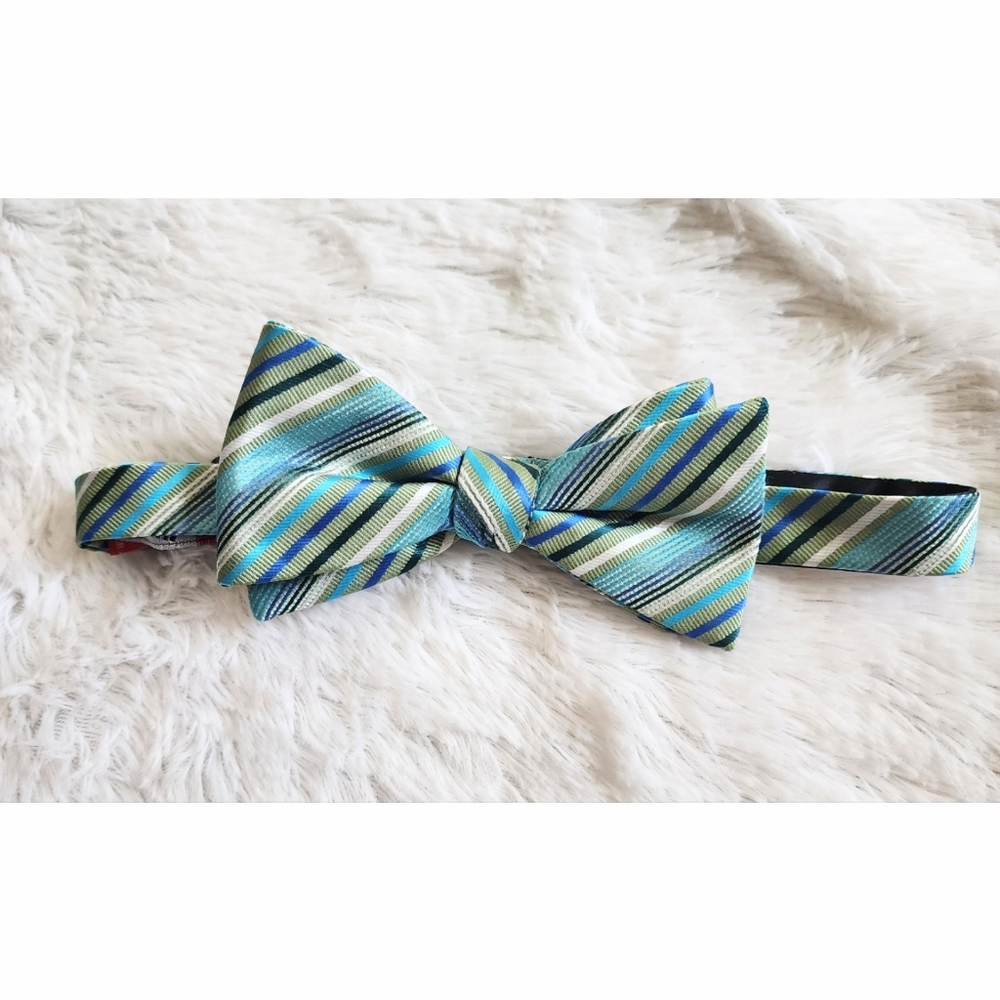 Billy London green blue striped hook and eye men's adjustable bowtie